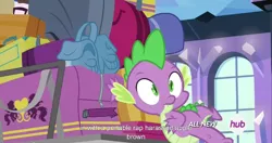 Size: 1536x811 | Tagged: caption, derpibooru import, edit, edited screencap, equestria games (episode), hub logo, meme, safe, screencap, solo, spike, youtube caption