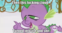 Size: 602x326 | Tagged: caption, derpibooru import, edit, edited screencap, equestria games (episode), high, hub logo, image macro, meme, safe, screencap, solo, spike, stoned, stoner spike, text, vulgar