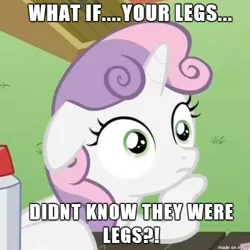 Size: 500x500 | Tagged: barbra dunkelman, caption, derpibooru import, exploitable meme, image macro, meme, obligatory pony, que?, roosterteeth, safe, solo, sudden clarity sweetie belle, sweetie belle, text