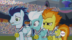 Size: 576x324 | Tagged: safe, derpibooru import, screencap, fleetfoot, soarin', spitfire, pegasus, pony, equestria games (episode), all new, animated, clothes, cringing, equestria games, eye shimmer, female, frown, gritted teeth, hub logo, hubble, lidded eyes, male, mare, medal, open mouth, sad, shirt, shocked, stallion, text, the hub, wide eyes, worried