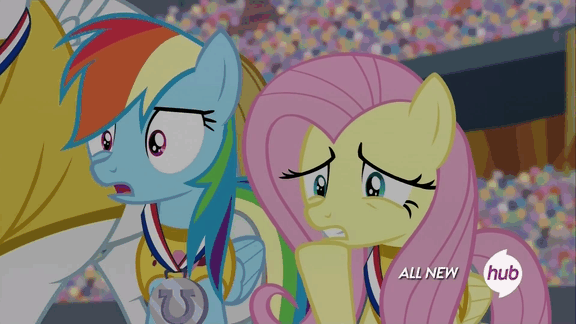 Size: 576x324 | Tagged: animated, bulk biceps, cringing, derpibooru import, equestria games, equestria games (episode), fluttershy, hubble, hub logo, medal, open mouth, rainbow dash, reaction image, safe, screencap, the hub, thousand yard stare