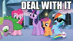 Size: 1920x1080 | Tagged: safe, derpibooru import, screencap, pinkie pie, rainbow dash, scootaloo, spike, twilight sparkle, twilight sparkle (alicorn), alicorn, pony, equestria games (episode), deal with it, female, hub logo, mare, meme, sunglasses