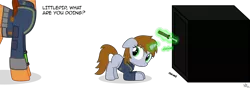 Size: 8000x2805 | Tagged: safe, artist:starlessnight22, derpibooru import, oc, oc:littlepip, oc:littlepip's mother, unofficial characters only, pony, unicorn, fallout equestria, fanfic, blank flank, clothes, fallout, fanfic art, female, filly, floppy ears, glowing horn, hooves, horn, levitation, littlepip's mother, magic, mare, pipbuck, safe (object), simple background, telekinesis, transparent background, vault suit