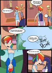 Size: 755x1057 | Tagged: applejack, artist:afroquackster, clothes, cloud, comic, derpibooru import, hoodie, human, humanized, it's not equestria anymore, ponytail, pony to human, rainbow dash, safe, transformation, twilight sparkle