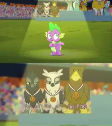 Size: 640x720 | Tagged: safe, derpibooru import, screencap, bulk biceps, fleetfoot, fluttershy, gaston (griffon), giselle, irma, natalya, rainbow dash, soarin', spike, spitfire, gryphon, equestria games (episode), equestria games, griffon team