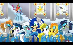 Size: 1487x920 | Tagged: artist:brodogz, chaos in equestria, clothes, commission, crossover, derpibooru import, fanfic art, fire streak, fleetfoot, high winds, rainbow dash, safe, soarin', sonic the hedgehog, sonic the hedgehog (series), spitfire, surprise, uniform, wonderbolts, wonderbolts uniform