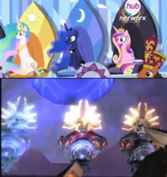 Size: 1494x1582 | Tagged: alicorn thrones, clydesdarius of ponysia, comparison, derpibooru import, duke of maretonia, equestria games, equestria games (episode), halo (series), low quality, moonlight, neighbuchadnezzar, princess cadance, princess celestia, princess luna, safe, screencap, sitting, sunlight, throne