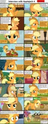 Size: 1282x3304 | Tagged: safe, derpibooru import, applejack, earth pony, pony, comic:celestia's servant interview, apple, blushing, caption, comic, cs captions, female, floppy ears, food, hoof in mouth, interview, mare