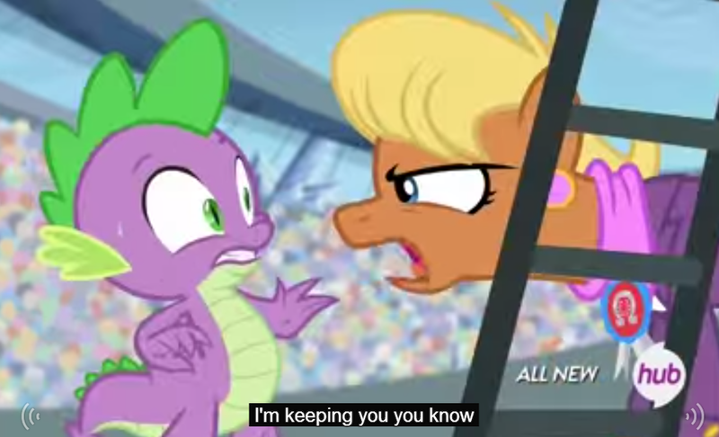Size: 957x581 | Tagged: all new, caption, derpibooru import, edit, edited screencap, equestria games (episode), female, hub logo, i need an adult, male, meme, ms. harshwhinny, safe, screencap, shipping, slavery, spike, spikewhinny, stage fright, straight, text, youtube caption