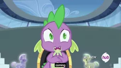 Size: 1280x719 | Tagged: safe, derpibooru import, edit, edited screencap, screencap, spike, crystal pony, pony, equestria games (episode), armor, caption, crystal guard, crystal guard armor, equestria games, hub logo, meme, outdoors, stadium, youtube caption