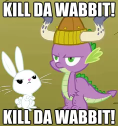 Size: 542x575 | Tagged: angel bunny, caption, derpibooru import, image macro, looney tunes, meme, safe, spike, text, what's opera doc
