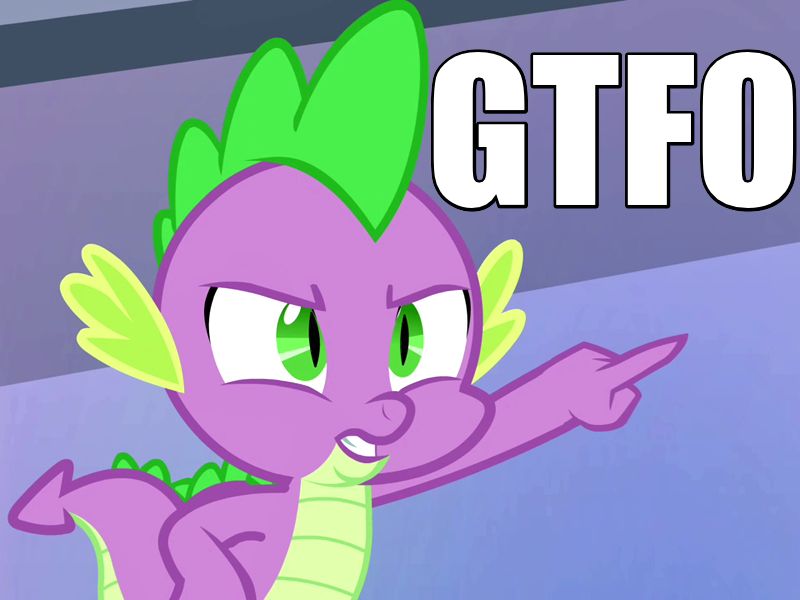 Size: 800x600 | Tagged: caption, derpibooru import, equestria games (episode), gtfo, image macro, meme, safe, screencap, solo, spike, text, vulgar