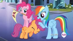 Size: 800x449 | Tagged: safe, derpibooru import, screencap, pinkie pie, rainbow dash, scootaloo, earth pony, pegasus, pony, equestria games (episode), crystal empire, cute, cutealoo, eyes closed, female, filly, flag, hub logo, mare, mouth hold, noogie, open mouth, raised hoof, scootalove, smiling