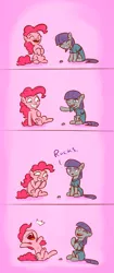 Size: 694x1655 | Tagged: safe, artist:poptart36, derpibooru import, boulder (pet), maud pie, pinkie pie, earth pony, pony, clothes, comic, cute, female, it runs in the family, laughing, mare, maudabetes, maximum trolling, prank, siblings, sisters, smiling, trolling, when she smiles