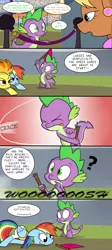 Size: 1700x3800 | Tagged: safe, artist:pandramodo, derpibooru import, ms. harshwhinny, rainbow dash, spike, spitfire, equestria games (episode), abuse, circling stars, comic, dashabuse, derp, dizzy, epic fail, equestria games, fail, knock out, knocked silly, parody, race, rainbow derp, scene parody, slapstick, tongue out, you had one job