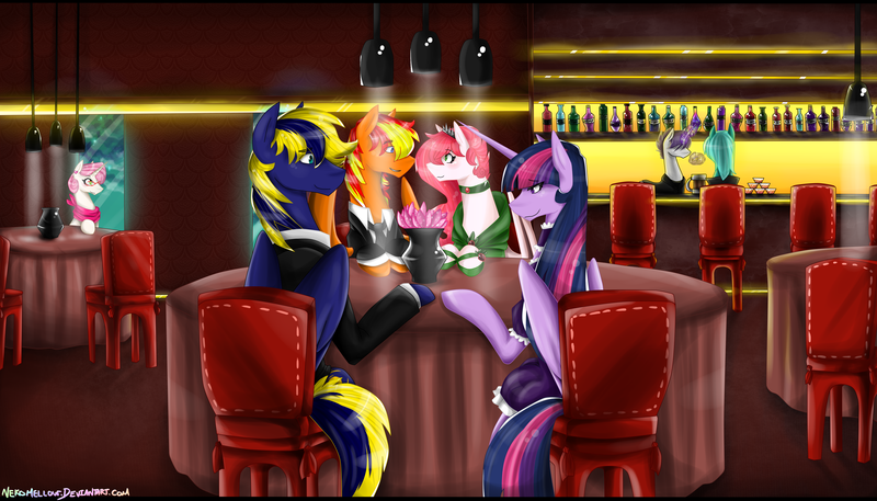 Size: 7000x4000 | Tagged: safe, artist:zephyr093, derpibooru import, twilight sparkle, twilight sparkle (alicorn), oc, oc:zephyr, alicorn, pony, canon x oc, double date, female, mare, restaurant, twiphyr