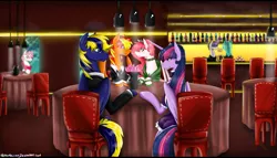 Size: 7000x4000 | Tagged: safe, artist:zephyr093, derpibooru import, twilight sparkle, twilight sparkle (alicorn), oc, oc:zephyr, alicorn, pony, canon x oc, double date, female, mare, restaurant, twiphyr