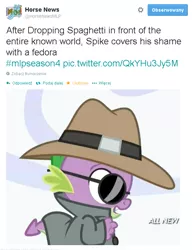 Size: 601x772 | Tagged: derpibooru import, equestria games (episode), fedora shaming, food, horse news, meta, /mlp/, pasta, safe, spaghetti, spike, trolling, twitter