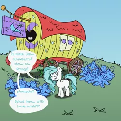 Size: 1600x1600 | Tagged: safe, artist:dreadcoffins, derpibooru import, oc, oc:teal swirl, unofficial characters only, pony, unicorn, ask teal swirl, eating, poison joke, solo, trixie's wagon, tumblr