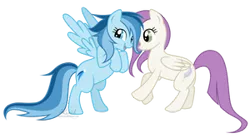 Size: 300x166 | Tagged: safe, artist:kumkrum, derpibooru import, oc, oc:feathers, oc:shooting star, unofficial characters only, pegasus, pony, offspring, parent:rainbow dash, parent:soarin', parents:soarindash, picture for breezies