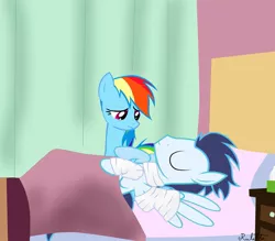 Size: 955x836 | Tagged: safe, artist:rulette, derpibooru import, rainbow dash, soarin', rainbow falls, alternate scenario, bandage, bed, eyes closed, female, frown, injured, male, on back, sad, shipping, soarindash, straight