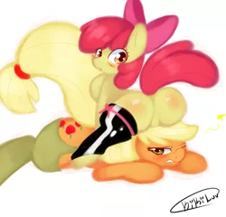 Size: 800x768 | Tagged: suggestive, artist:kikiluv17, derpibooru import, apple bloom, applejack, pony, age difference, apple bloom's bow, apple sisters, applecest, asshat, bloomjack, blushing, bow, butt, clothes, faceful of ass, facesitting, featureless crotch, female, females only, filly, foalcon, hair bow, incest, latex, latex socks, lesbian, looking at you, looking back, looking back at you, mare, mare on filly, one eye closed, plot, shipping, siblings, simple background, sisters, socks, stockings, thigh highs, white background