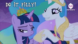 Size: 1312x739 | Tagged: safe, derpibooru import, screencap, princess celestia, twilight sparkle, twilight sparkle (alicorn), alicorn, pony, twilight's kingdom, do it filly, female, hub logo, mare, meme, new crown