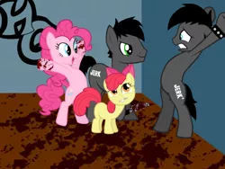 Size: 1024x768 | Tagged: grimdark, artist:hellgirl66618, derpibooru import, apple bloom, pinkie pie, ponified, pony, blood, dan, dan impostor, dan vs, dan* *imposter