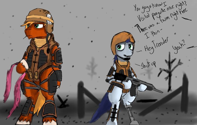 Size: 3000x1916 | Tagged: safe, artist:greyscaleart, derpibooru import, big macintosh, soarin', trenderhoof, cyborg, pony, amputee, armor, assault rifle, bipedal, fence, gun, implied fluttermac, implied shipping, implied straight, knife, post-apocalyptic, prosthetic limb, prosthetics, rifle, war, weapon