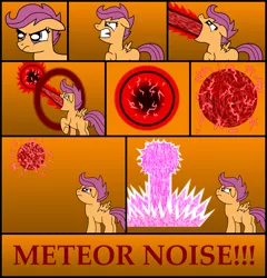 Size: 2588x2693 | Tagged: artist:vincentthecrow, comic, dead source, derpibooru import, descriptive noise, explosion, meme, safe, scootaloo, solo, toriko, wat, zebraloo, zebra (toriko)