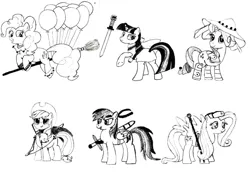 Size: 1024x707 | Tagged: applejack, arche klaine, artist:rioumcdohl26, balloon, bandana, beret, bow (weapon), broom, chester barklight, cless albein, clothes, crossover, derpibooru import, fluttershy, flying, flying broomstick, grayscale, group, hat, katana, klarth f.lester, levitation, looking back, magic, mane six, mint adnade, monochrome, ninja, open mouth, pinkie pie, rainbow dash, rarity, safe, scarf, simple background, smiling, suzu fujibayashi, sword, tales of phantasia, tales of series, telekinesis, twilight sparkle, wand, weapon, white background