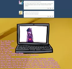 Size: 1280x1227 | Tagged: alicorn, anthro, artist:somescrub, ask nudist sweetie belle, computer, derpibooru import, laptop computer, safe, solo, tent, tumblr, twilight sparkle, twilight sparkle (alicorn)