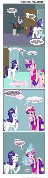 Size: 600x2189 | Tagged: safe, artist:deusexequus, derpibooru import, princess cadance, rarity, alicorn, pony, unicorn, equestria games (episode), :o, annoyed, butt, cavity search, cheek fluff, chest fluff, clothes, comic, dialogue, equestria games, eyes closed, eyeshadow, female, floppy ears, fluffy, frown, funny, gloves, guard, hat, hoof fluff, implied hoofing, impossibly large ears, leg fluff, magic, makeup, mare, neck fluff, open mouth, plot, police, raised hoof, rubber gloves, shocked, smiling, speech bubble, sunglasses, telekinesis, text, underhoof, wide eyes