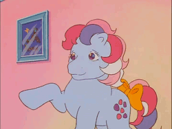 Size: 718x540 | Tagged: safe, derpibooru import, screencap, sweet stuff, earth pony, pony, twinkle eyed pony, my little pony 'n friends, sweet stuff and the treasure hunt, animated, bow, cute, dancing, g1, hoof sway, metronome, open mouth, paradise estate, picture, picture frame, raised hoof, smiling, solo, sweet sweet stuff, tail bow