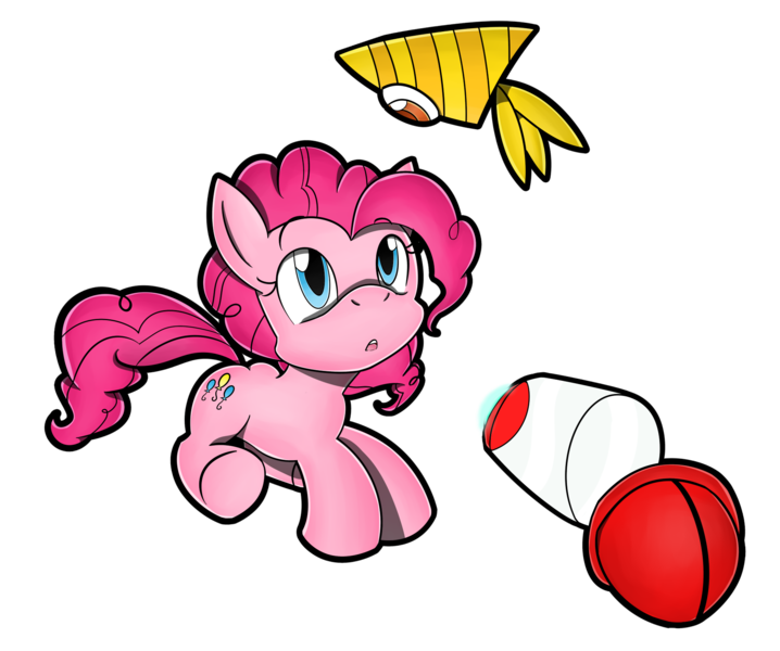 Size: 1904x1590 | Tagged: artist:flam3zero, capsule, crossover, derpibooru import, eye contact, looking at each other, pinkie pie, safe, simple background, solo, sonic colors, sonic the hedgehog (series), style emulation, transparent background, wisp, yellow drill, yellow wisp, yuji uekawa style