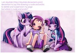 Size: 2546x1800 | Tagged: safe, artist:skyshek, derpibooru import, twilight sparkle, twilight sparkle (alicorn), alicorn, human, pony, equestria girls, deviantart, drama, ellie craft, human ponidox, image, jpeg, meta, ojamajo doremi, onpu segawa, segawa onpu, self ponidox, we don't normally wear clothes