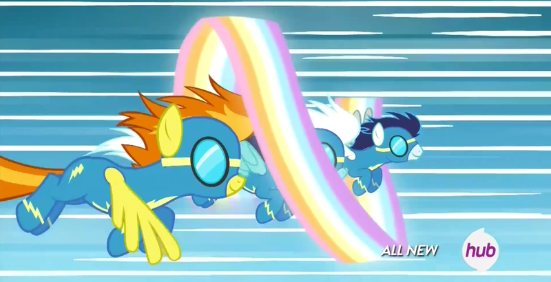 Size: 1916x983 | Tagged: safe, derpibooru import, screencap, fleetfoot, soarin', spitfire, pegasus, pony, twilight's kingdom, clothes, female, goggles, hub logo, male, mare, rainbow, rainbow of light, rainbow power, speed lines, stallion, uniform, wonderbolts, wonderbolts uniform