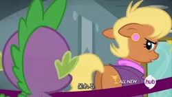 Size: 1024x576 | Tagged: safe, derpibooru import, screencap, ms. harshwhinny, spike, pony, equestria games (episode), all new, butt, equestria games, female, hub logo, japanese, mare, out of context, plot, text