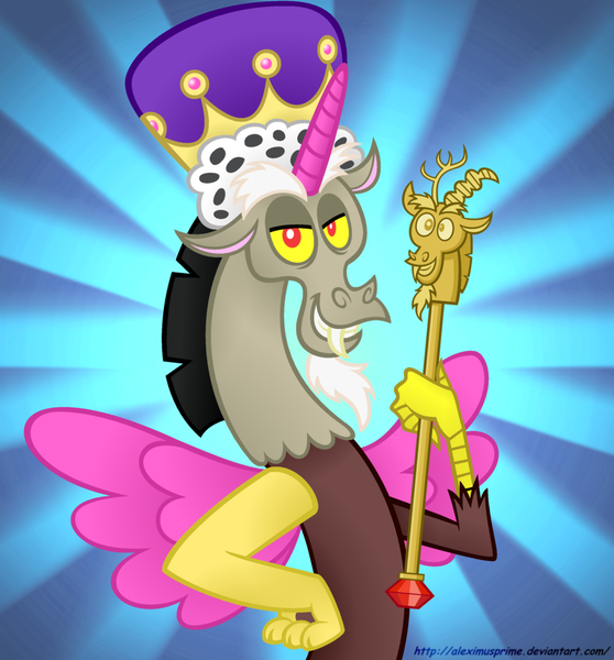 Size: 1024x1102 | Tagged: artist:aleximusprime, crown, derpibooru import, discord, discord cane, discord scepter, discorn, hilarious in hindsight, jewelry, princess discord, regalia, safe, scepter, solo, twilight scepter, twilight's kingdom