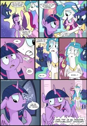 Size: 906x1300 | Tagged: safe, artist:spainfischer, derpibooru import, princess cadance, princess celestia, princess luna, twilight sparkle, twilight sparkle (alicorn), alicorn, pony, twilight's kingdom, :>, :|, alicorn tetrarchy, book, comic, derp, female, floppy ears, frown, grin, gritted teeth, mare, nervous, open mouth, parody, princess of books, raised eyebrow, scene parody, shrug, smiling, that pony sure does love books, thinking, twilight snapple, underhoof, wide eyes