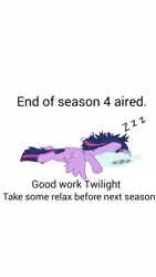 Size: 720x1280 | Tagged: safe, derpibooru import, twilight sparkle, twilight sparkle (alicorn), alicorn, pony, cheer, female, mare, messy mane, onomatopoeia, pillow, prone, sleeping, solo, sound effects, spread wings, tired, wings, zzz