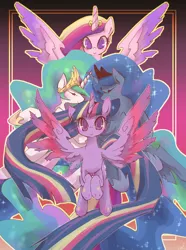 Size: 1000x1344 | Tagged: safe, artist:kolshica, derpibooru import, princess cadance, princess celestia, princess luna, twilight sparkle, twilight sparkle (alicorn), alicorn, pony, twilight's kingdom, action poster, alicorn tetrarchy, female, mare, princess, rainbow power