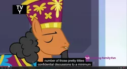 Size: 1600x870 | Tagged: caption, derpibooru import, duke of maretonia, edit, edited screencap, hub logo, lip bite, meme, neighbuchadnezzar, screencap, solo, suggestive, twilight's kingdom, youtube caption