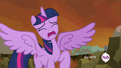 Size: 576x324 | Tagged: safe, derpibooru import, screencap, twilight sparkle, twilight sparkle (alicorn), alicorn, pony, twilight's kingdom, animated, blank flank, empty eyes, faint, female, game over, hub logo, hubble, mare, solo, spread wings, the hub, wings
