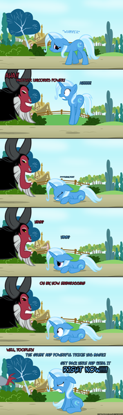 Size: 1050x3546 | Tagged: abuse, angry, artist:navitaserussirus, comic, cross-popping veins, derpibooru import, eyes closed, floppy ears, glare, grin, gritted teeth, lord tirek, open mouth, ouch, parody, prone, sad, safe, scared, sitting, smiling, that was fast, trixie, trixiebuse, twilight's kingdom, wide eyes