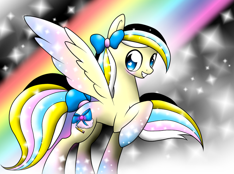 Size: 800x593 | Tagged: safe, artist:naught important, derpibooru import, oc, oc:sacred dreams, unofficial characters only, pegasus, pony, twilight's kingdom, bow, grin, heart, heart eyes, looking at you, rainbow power, rainbow power-ified, raised hoof, smiling, solo, sparkles, spread wings, wingding eyes, wings