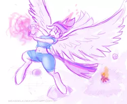 Size: 1053x863 | Tagged: action pose, alicorn, angry, anthro, artist:weasselk, belly button, derpibooru import, dragon ball, dragon ball z, fight, floppy ears, flying, frown, glare, kamehameha, lord tirek, magic, midriff, safe, scene interpretation, son twilight, spread wings, super saiyan princess, that was fast, twilight's kingdom, twilight sparkle, twilight sparkle (alicorn), twilight vs tirek, unguligrade anthro, wings