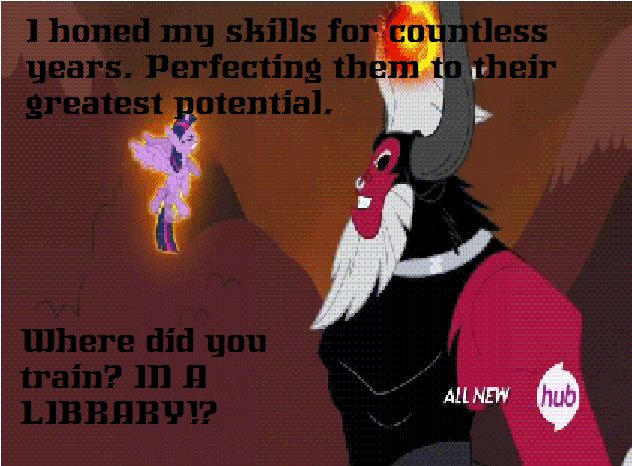 Size: 632x466 | Tagged: safe, derpibooru import, screencap, lord tirek, twilight sparkle, twilight sparkle (alicorn), alicorn, pony, twilight's kingdom, dru-zod, female, general zod, hub logo, man of steel, mare, quote, twilight vs tirek, zod