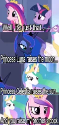 Size: 950x2000 | Tagged: suggestive, derpibooru import, edit, edited screencap, screencap, princess cadance, princess celestia, princess luna, twilight sparkle, twilight sparkle (alicorn), alicorn, pony, twilight's kingdom, alicorn tetrarchy, caption, comic, female, image macro, implied erection, mare, meme, text, vulgar