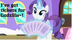 Size: 1288x728 | Tagged: bronybait, derpibooru import, edit, edited screencap, godzilla 2014, godzilla (series), magic, rarity, rarity takes manehattan, safe, screencap, solo, tickets